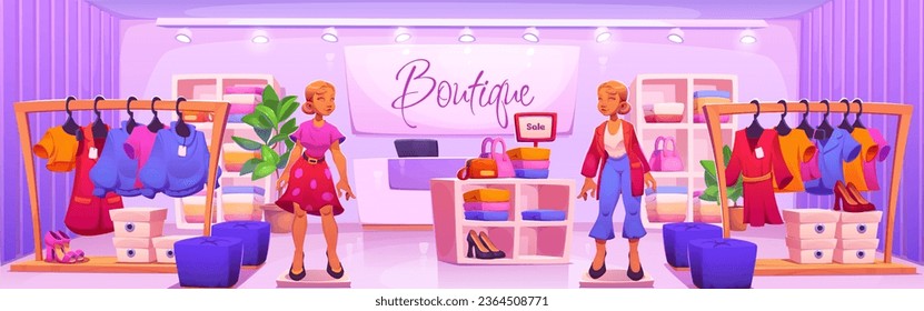 Fashion shop with purple interior vector design. Wardrobe store boutique in mall with woman mannequin and clothes on shelf. Apparel commercial showroom with counter and monitor cartoon background.