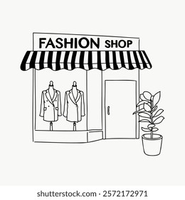 Fashion shop sketch with striped awning. Mannequins display jackets. Potted plant outside. Simple, stylish storefront illustration. Simple isolated black line art doodle vector.