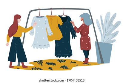 Fashion shop, women shopping, stylish clothes on hangers vector. Dresses on rack, assistant and customer or girlfriends, leisure pastime. Buying garments, girls in stylish outfits, female characters
