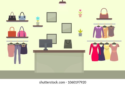 Fashion shop with womens clothes and accessories. Boutique interior with shelves and racks full of clothes. Female outfits shop vector illustration.