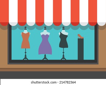 Fashion Shopfront Window With Mannequins, Vector Illustration