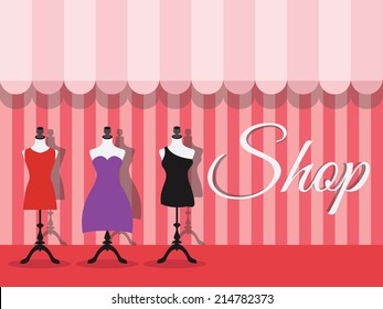 Fashion shopfront window with mannequins, vector illustration