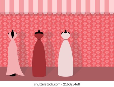 Fashion shopfront window with mannequins. Women's clothing shop show-window. Vector illustration eps10