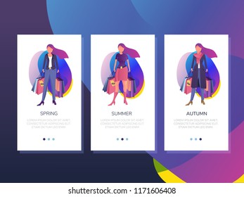 A fashion shopping app. Clothes for three seasons - spring, summer, autumn. Mobile application templates, concept vector flat design illustration.
