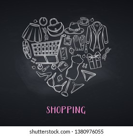 Fashion shopping banner, blackboard style. template design. Vector Chalk shop elements , Dress, lipstick, perfume, cart, shoe and clothing. Purse, gift, hat, watches and glasses in hand drawn style.