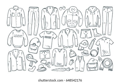 Fashion, shopping, boutique set icons. Collection of fashionable men's clothing. Vector illustration