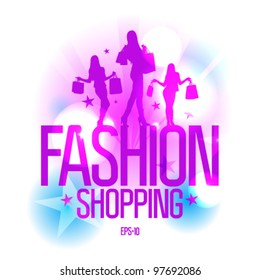 Fashion shopping design template with fashion girls silhouette in ray lights. Eps10 Vector.