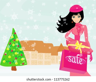  fashion shopping girl with shopping bags and gift box