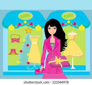  fashion shopping girl with shopping bags and gift box