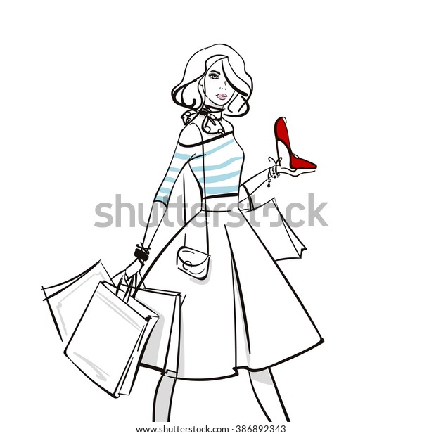 Fashion Shopping Girl Portrait Vector Sketch Stock Vector (Royalty Free ...