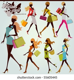 fashion shopping girls illustration set