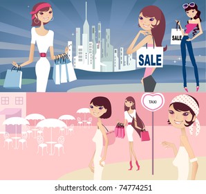 fashion shopping girls illustration set