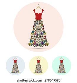 Fashion shopping icons set with women's dress on a hanger.