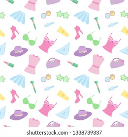 Fashion shopping icons vector background. Seamless pattern, flat vector illustration, cosmetics and clothes.