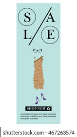 Fashion shopping sale banner. Woman cat eye glasses, high heel shoe, evening dress. Vector illustration.
