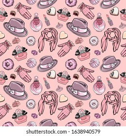 Fashion shopping seamless vector pattern. Trendy hat, perfume, gloves, scarf, lipstick. Pastry sweets: donuts, chocolate. Rose, pink. Romantic illusrarion for gift wrapping, textile print, wallpaper.