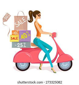 Fashion shopping. Vector illustration of fashion young woman driving pink scooter loaded with shopping bags and boxes with sales marks and discounts.