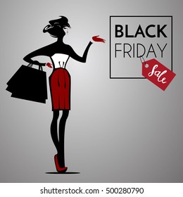 Fashion shopping woman black silhouette in red skirt with shopping bags for design Black Friday Sale advertising background template - vector illustration