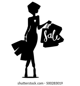 Fashion shopping woman black silhouette with shopping bags for design Black Friday Sale advertising background template - vector illustration