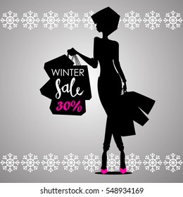 Fashion shopping woman black silhouette in pink high heels with shopping bags with sign Winter Sale 30% advertising with snowflakes background. Vector illustration