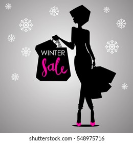 Fashion shopping woman black silhouette in pink high heels with shopping bags with sign Winter Sale advertising with snowflakes background template - vector illustration