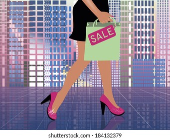 Fashion shopping woman in city, vector illustration 