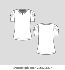 Fashion Short Sleeve T shirt v neck  sleeve fashion t shirt top blouse tee clothing flat sketch technical drawing template design vector