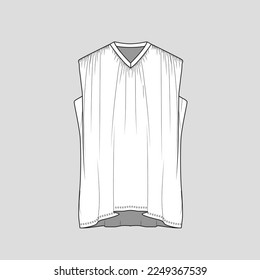 Fashion Shoulder Gathering Top V Neck Gathering shirred Sleeveless clothing fashion flat sketch technical drawing template design vector