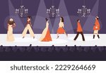 Fashion show background with models demonstrate a new collection of designers clothes, cartoon flat vector illustration. Fashion industry banner or poster concept.