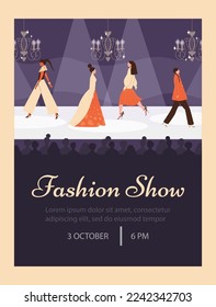 Fashion show banner or poster mockup flat vector illustration. Designers clothing latest collection show demonstrating. Advertising banner design for fashion event.