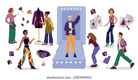 Fashion show. Cartoon couturiers. Stylists and designers. Trendy clothing industry. Models and photographer. Fashionable clothes design. Dress construction or tailoring
