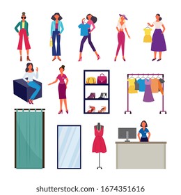 Fashion show and clothes shopping set - cartoon model women in trendy clothing, retail store equipment and staff. Flat isolated vector illustration.