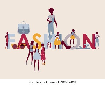 Fashion show event presentation, vector illustration. Wall decoration poster for clothes and accessories store. Fashion trends collection booklet cover, beautiful models silhouettes in modern dresses