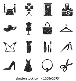 Fashion Show Icons. Black Scribble Design. Vector Illustration.