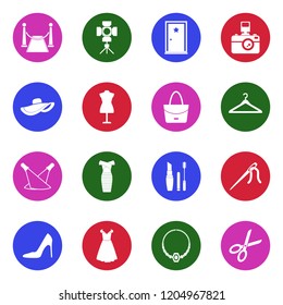 Fashion Show Icons. White Flat Design In Circle. Vector Illustration. 