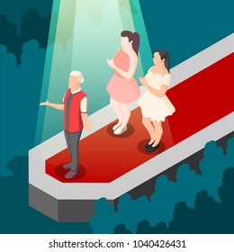 Fashion show isometric composition with designer and models on red walkway in rays of spotlight vector illustration