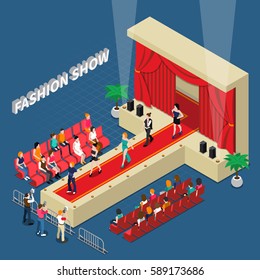 Fashion show isometric composition with models on catwalk with red curtain media and guests vector illustration