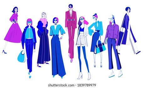 Fashion show. Fashion models demonstrate a collection of clothes on a white background. Group of stylish girls. Clothing design. Fashion concept. Set of women.