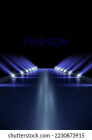 Fashion show podium. Vector illustration of a glossy catwalk for a fashion show illuminated by spotlights. Sketch for creativity.