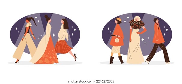 Fashion show runway decorative banners or frames collection, flat vector illustration isolated on white background. Banners or badges set with models characters.
