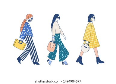 Fashion Show Runway Flat Vector Illustration. Models Dressed In Haute Couture Clothing Cartoon Characters On White Background. Designer Demonstrating Latest Collection. Topmodel Wearing Trendy Outfit.