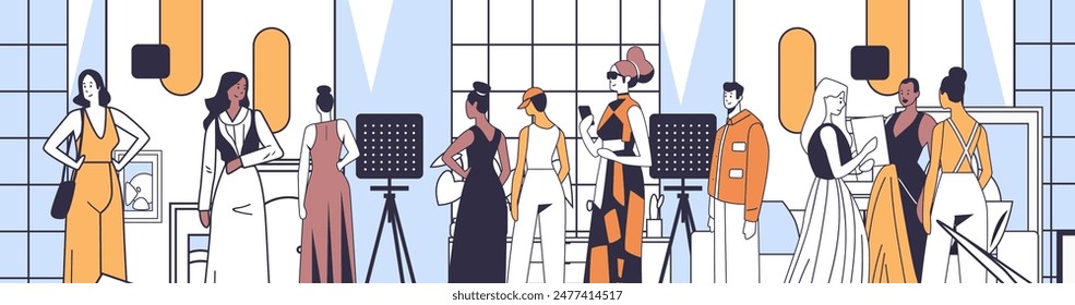 Fashion show runway models stylish outfits modern design abstract background