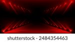 Fashion show runway with red lights on black background. Vector realistic illustration of long podium perspective illuminated with color floodlights, neon lamps glowing in smoke, catwalk design