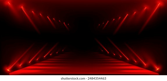 Fashion show runway with red lights on black background. Vector realistic illustration of long podium perspective illuminated with color floodlights, neon lamps glowing in smoke, catwalk design