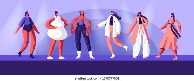 Fashion Show with Top Models Wearing Trendy Haute Couture Clothing and Demonstrating It on Runway. Girls in Trendy Clothing Stand in Raw on Scene or on Catwalk, Event. Cartoon Flat Vector Illustration