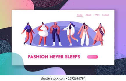 Fashion Show with Top Models Website Landing Page. Girls Wearing Modern Haute Couture Clothing Demonstrating on Runway or on Catwalk, Trendy Event.Web Page. Cartoon Flat Vector Illustration, Banner