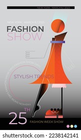 Fashion show or fashion week vector design template. Abstract image of a fashionable woman walking on the catwalk.	