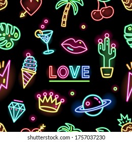 Fashion sign and signboard glowing bright neon light seamless pattern. Colorful outline symbols trendy design element on black background. Multicolored lightning decorations vector flat illustration
