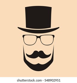 Fashion silhouette hipster style. Hat, glasses, mustache, beard.