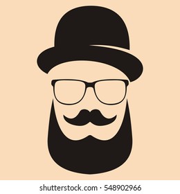 Fashion silhouette hipster style. Hat, glasses, mustache, beard.